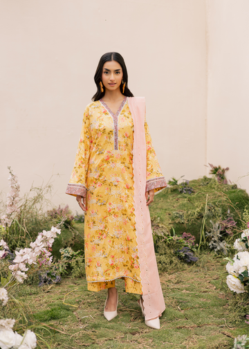 Lemon Yellow Printed Embroidered Suit