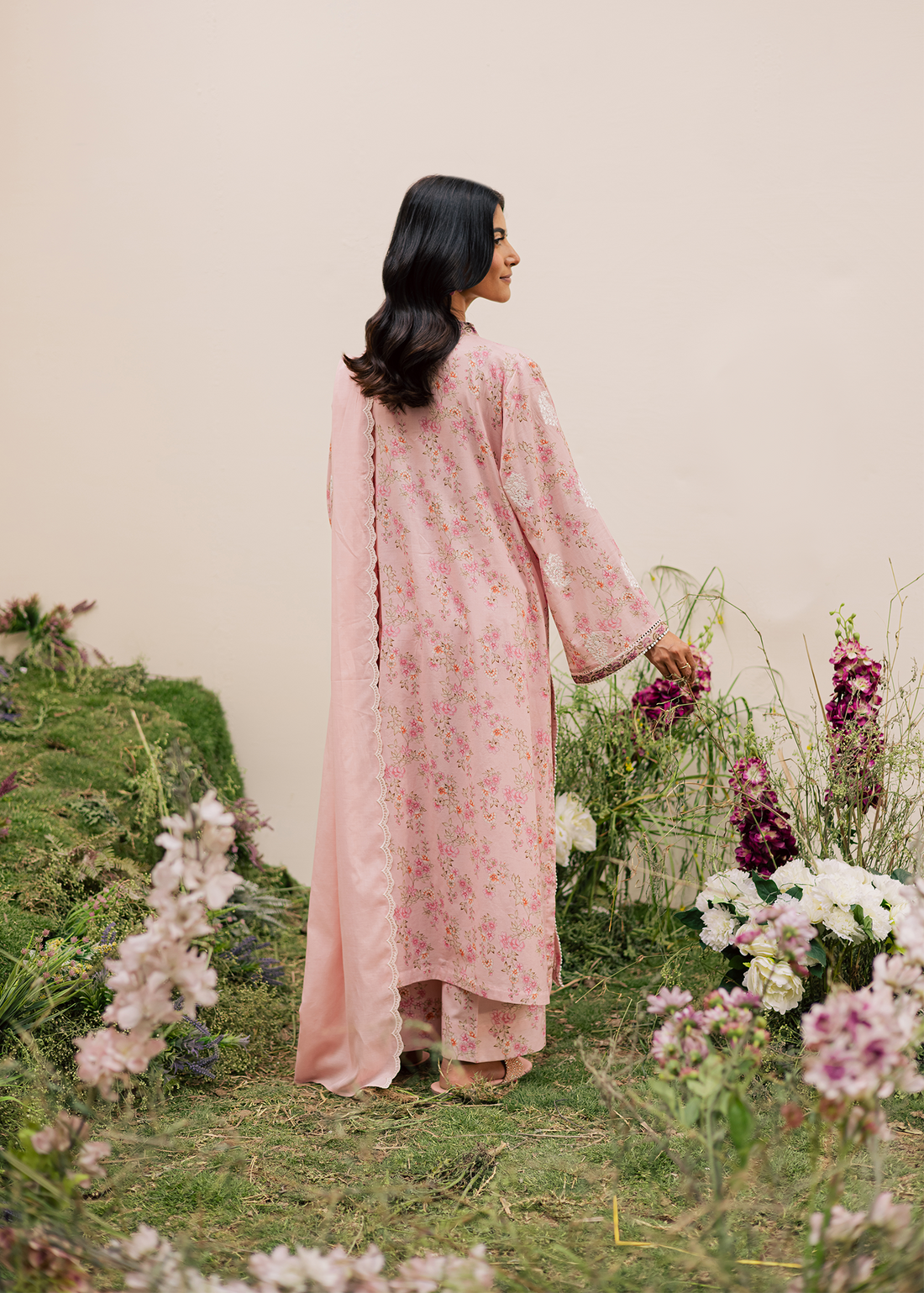 Pink Printed Embroidered Suit