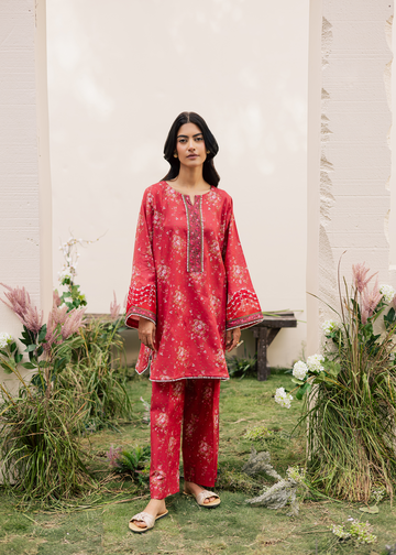 Red Printed Embroidered Suit