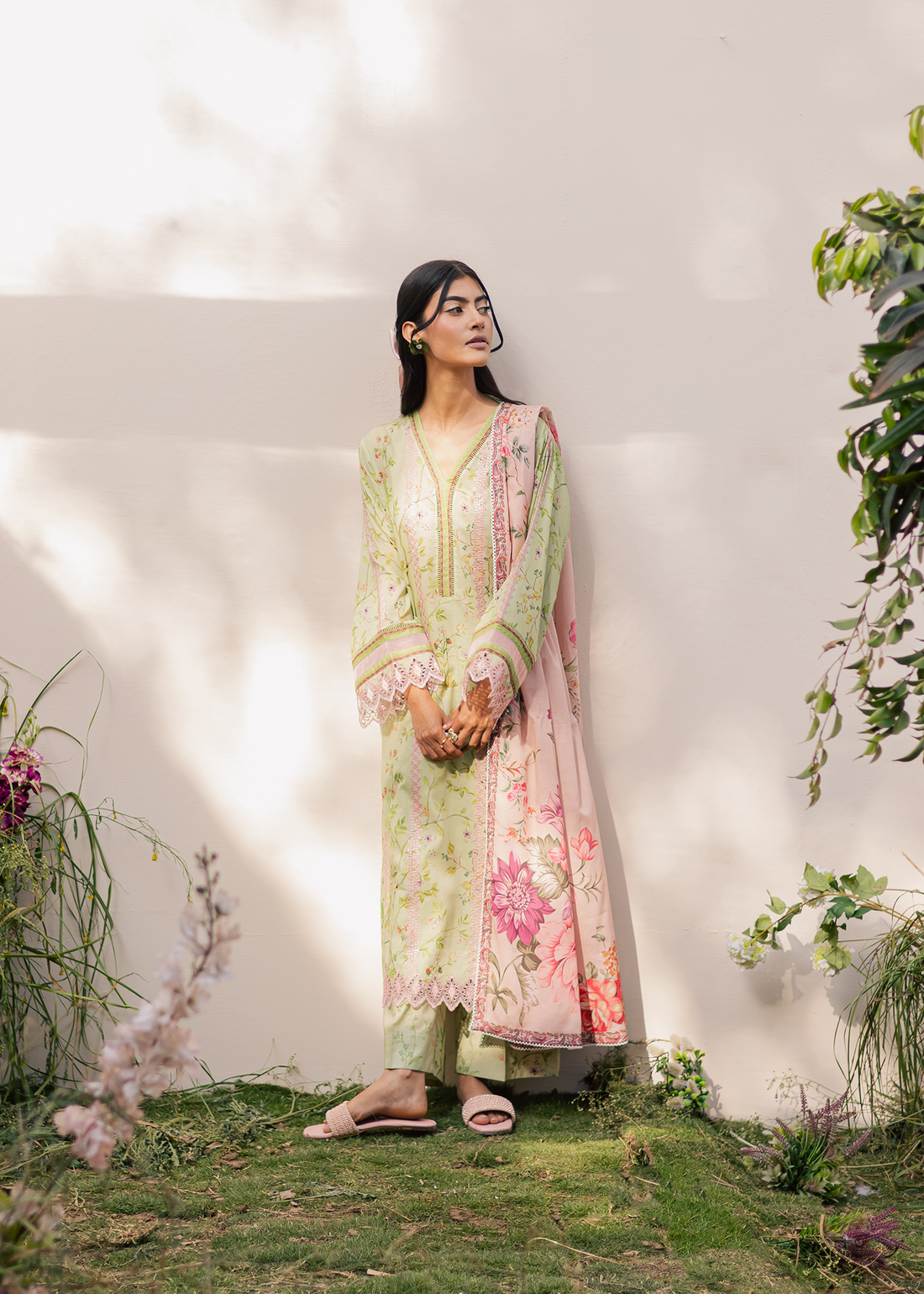 Sage Green Printed Embroidered Suit