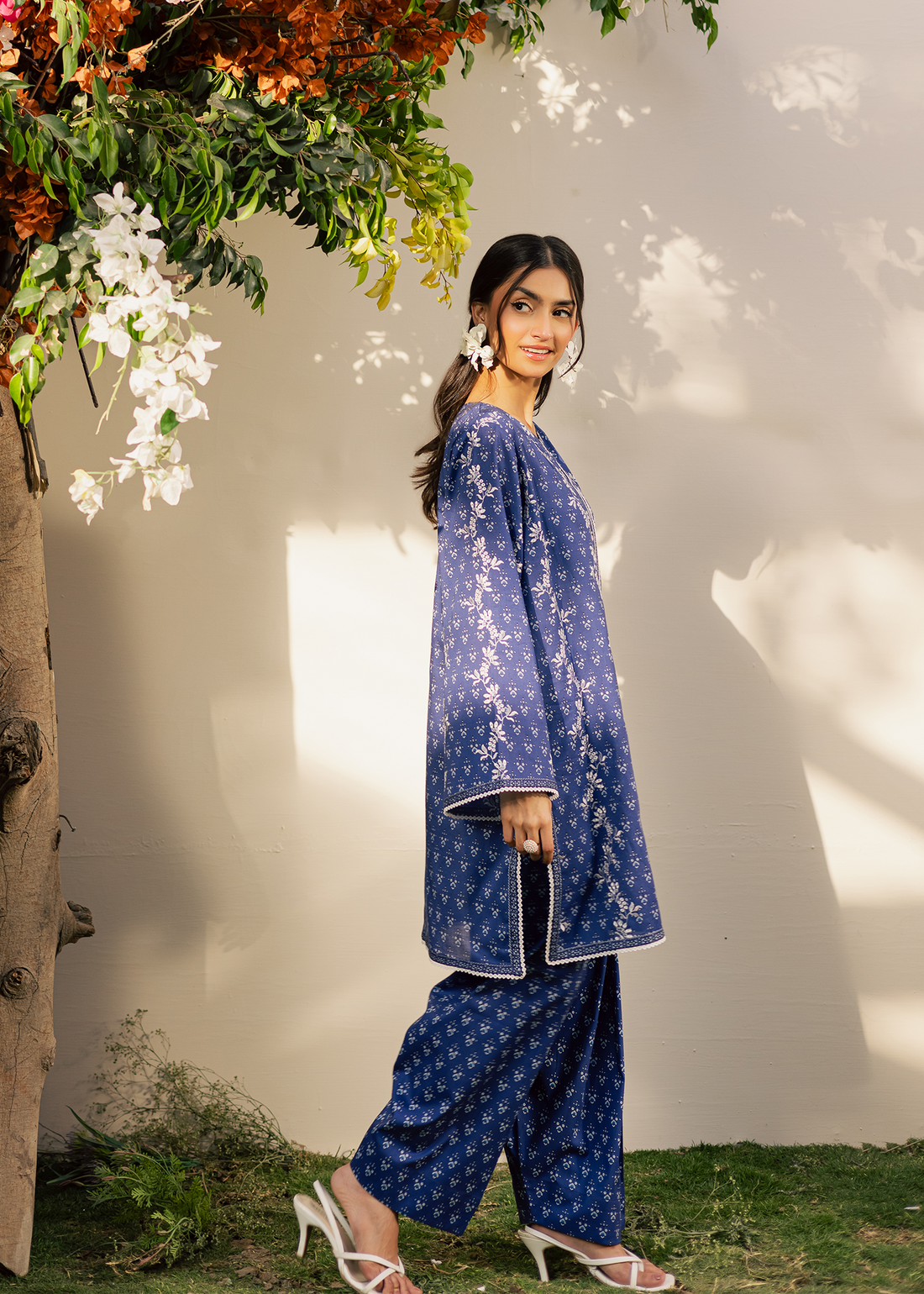 Navy Blue Printed Embroidered Suit