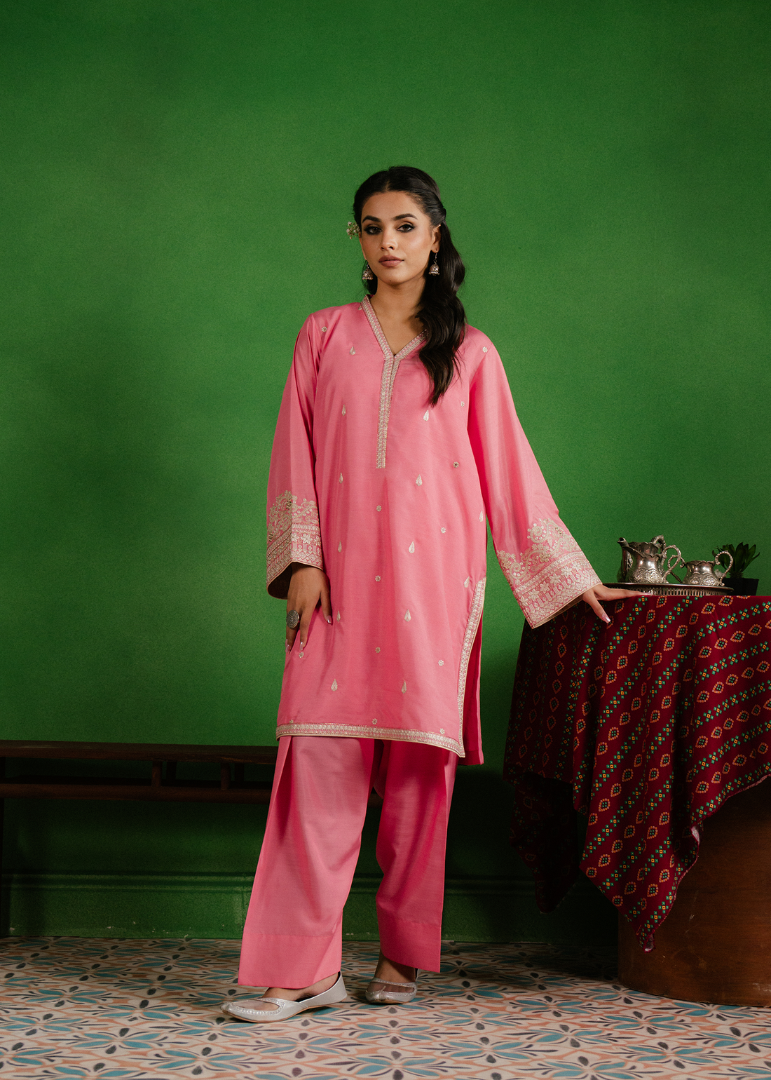 Flamingo Pink Embroidered Suit